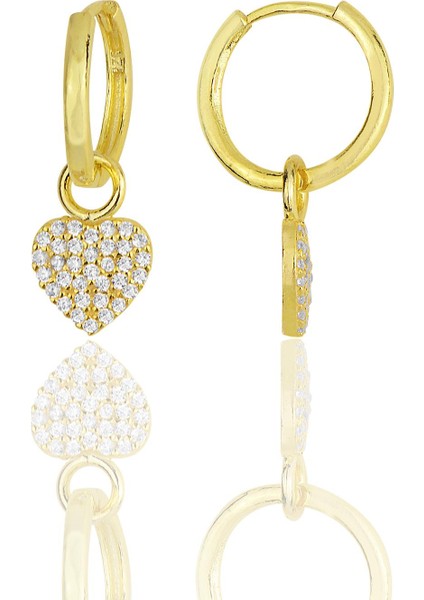 Gümüş Altın Yaldızlı Zirkon Taşlı Kalp Küpe