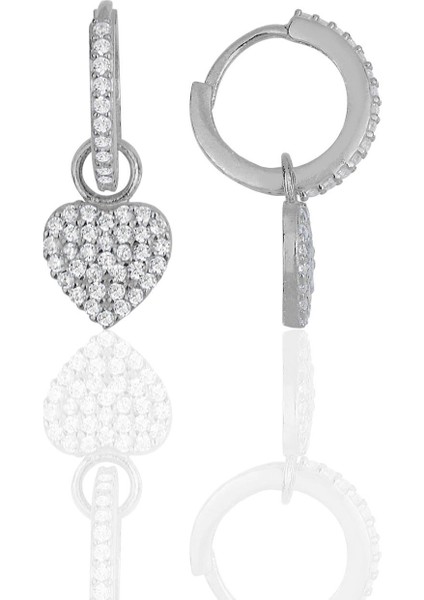 Gümüş Rodyumlu Zirkon Taşlı Kalp Küpe