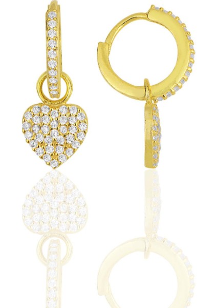 Gümüş Altın Yaldızlı Zirkon Taşlı Kalp Küpe