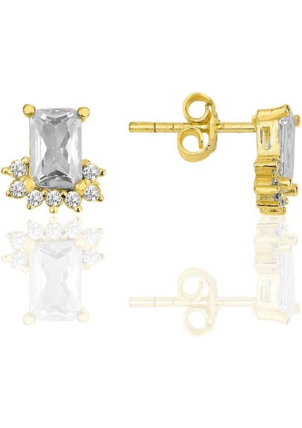 Gümüş Altın Yaldızlı Baget Kesim Zirkon Taşlı Pırlanta Modeli Küpe