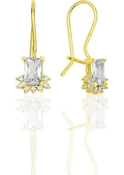 Gümüş Altın Yaldızlı Baget Kesim Zirkon Taşlı Pırlanta Modeli Çengelli Küpe