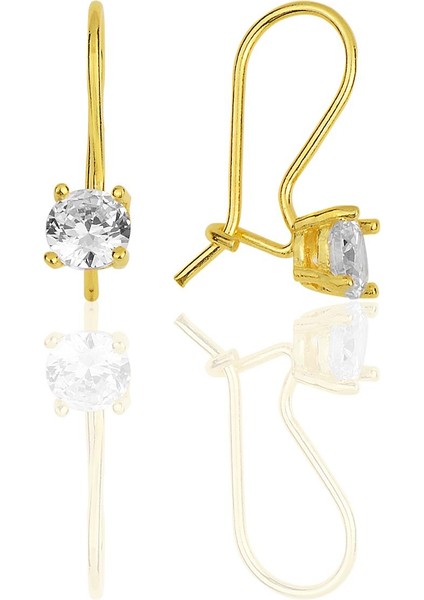 Gümüş Altın Yaldızlı Zirkon Taşlı Pırlanta Modeli Çengelli Tektaş Küpe