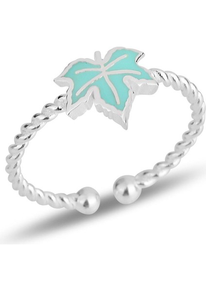 Gümüş Yeşil Mineli Çınar Yaprağı Ayarlamalı Çocuk Yüzüğü