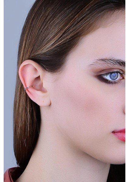 Gümüş Altın Yaldızlı Renkli Taşlı Sıkıştırmalı Kıkırdak Küpe Ear Cuff