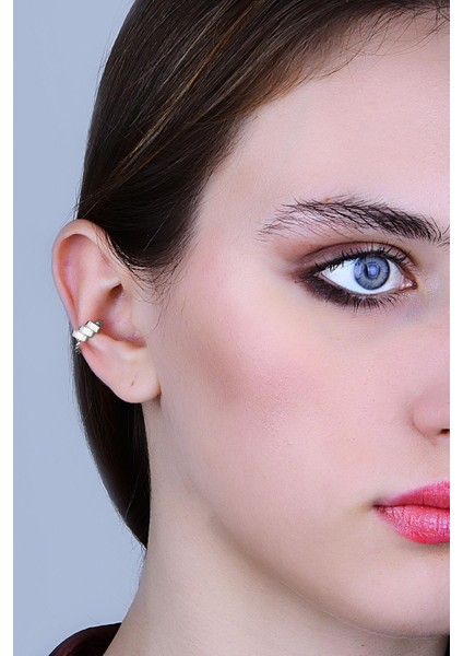 Gümüş Rodyumlu Baget Kesim Zirkon 3 Taşlı Sıkıştırmalı Kıkırdak Küpe Ear Cuff