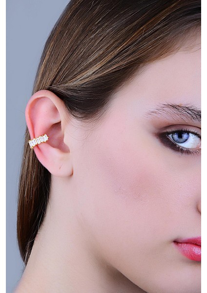 Gümüş Altın Yaldızlı Baget Kesim Zirkon Taşlı Sıkıştırmalı Kıkırdak Küpe Ear Cuff