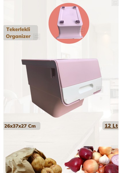 Tekerlekli Patateslik Soğanlık Erzak Kutusu Oyuncaklık Sebzelik Pembe 12 Lt