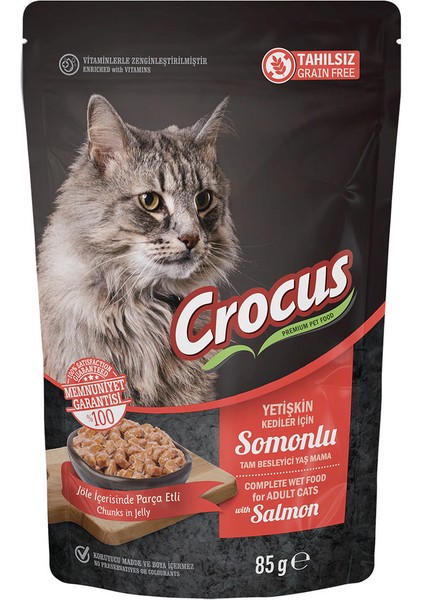 6 Adet Crocus Tahilsiz Kedi Somonlu Pouch Jöleli Yaş Mama 85 G