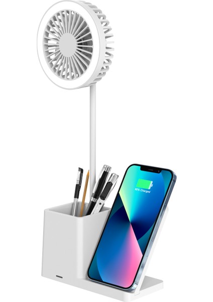 SL-M9055 Beyaz Typec 10W Kablosuz Şarj Cihazı Fanlı Kalemlikli Masa Lambası