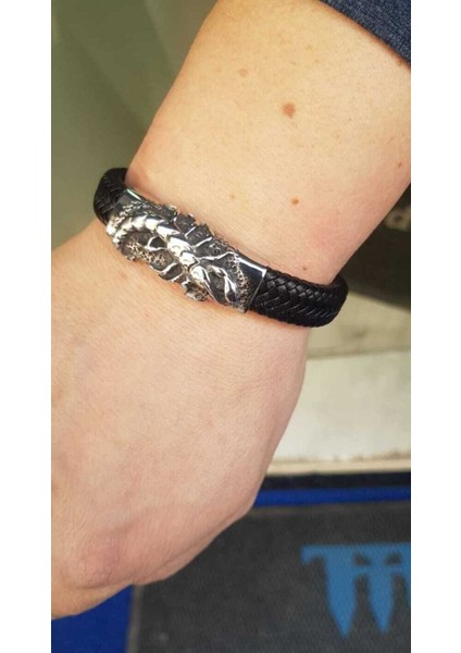 İsim Yazılabilen Akrep (Scorpıon) Siyah Deri Kordonlu Çelik Bileklik