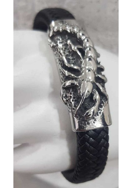 İsim Yazılabilen Akrep (Scorpıon) Siyah Deri Kordonlu Çelik Bileklik modelleri