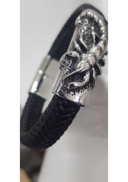 İsim Yazılabilen Akrep (Scorpıon) Siyah Deri Kordonlu Çelik Bileklik indirimleri