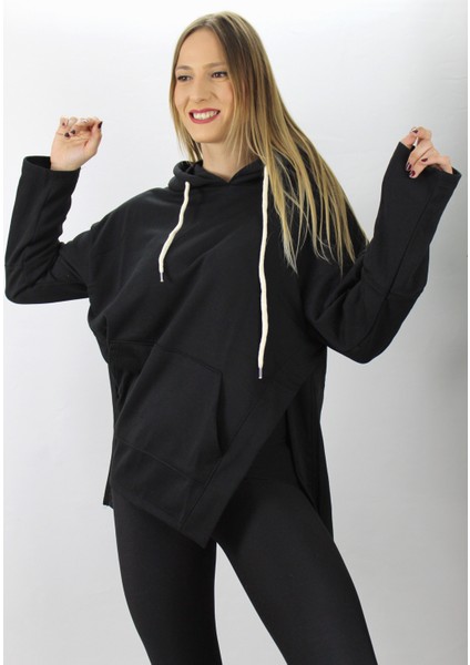 Kapüşonlu Yan Yırtmaçlı Sweat Siyah - 21R1178