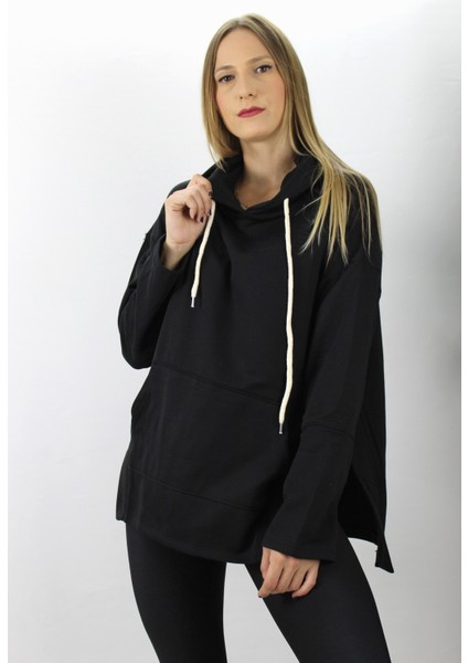 Kapüşonlu Yan Yırtmaçlı Sweat Siyah - 21R1178