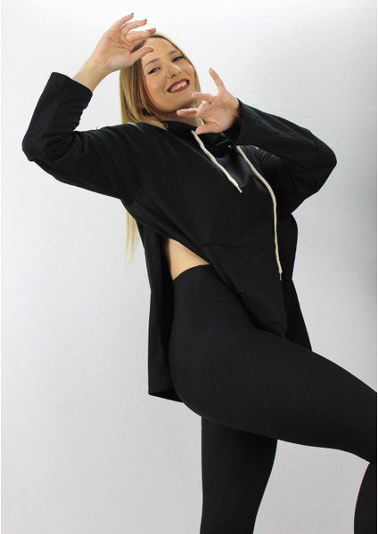 Kapüşonlu Yan Yırtmaçlı Sweat Siyah - 21R1178