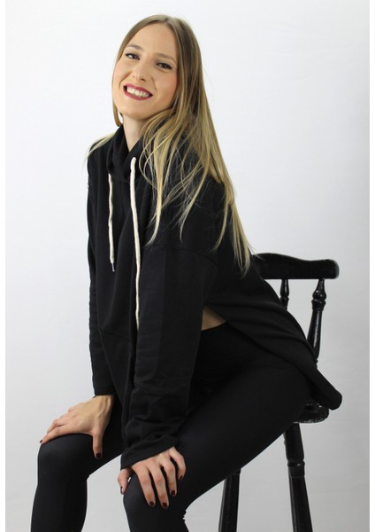 Kapüşonlu Yan Yırtmaçlı Sweat Siyah - 21R1178