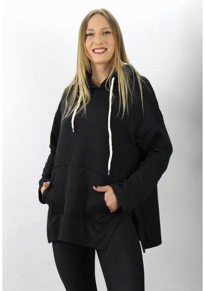 Kapüşonlu Yan Yırtmaçlı Sweat Siyah - 21R1178
