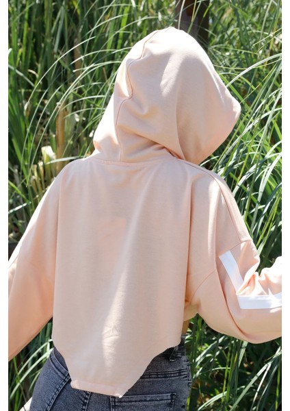 Kapüşonlu Yan Dekolteli Sweat Somon - P-019669