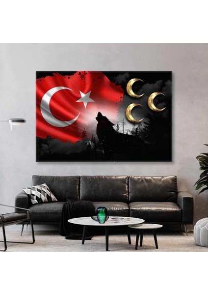 Kurt Asil Türk Bayrağı Gold Ay Kanvas Tablo