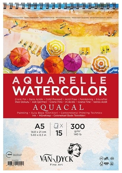 Van Dyck Aquacal Cold Pres Ince Dokulu Spiralli Sulu Boya Defteri Blok 300 Gr. A5 15 Yaprak