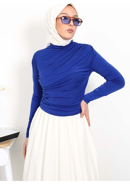 Saks Mavi Balıkçı Yaka Drapeli Sandy Bluz