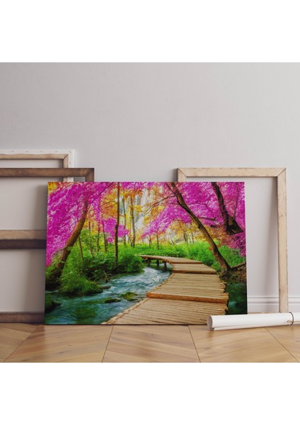 Plitvice Gölü Üzerinde Pembe Yapraklı Patika Dekoratif Yatay Kanvas Tablo fiyatları
