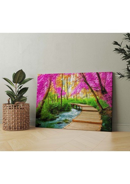 Plitvice Gölü Üzerinde Pembe Yapraklı Patika Dekoratif Yatay Kanvas Tablo indirimleri