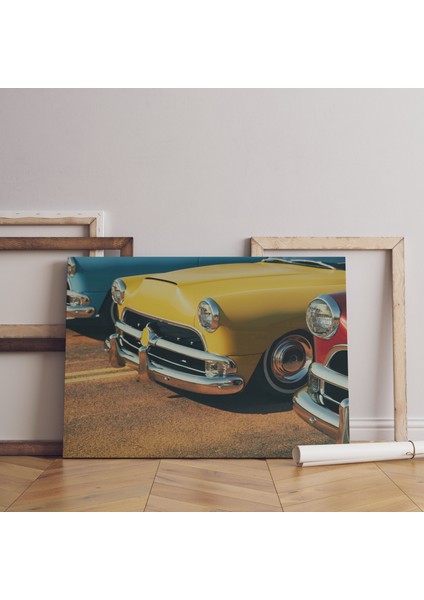 Kırmızı Sarı Mavi Renk 3 Vintage Araba Dekoratif Yatay Kanvas Tablo fiyatları