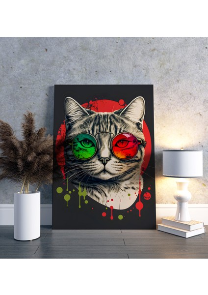 Yakışıklı Hipster Kedi Dikey Kanvas Tablo