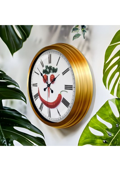 Gold Metal Çerçeveli Ofis Salon Mutfak Aşçı Duvar Saati 40 cm K2