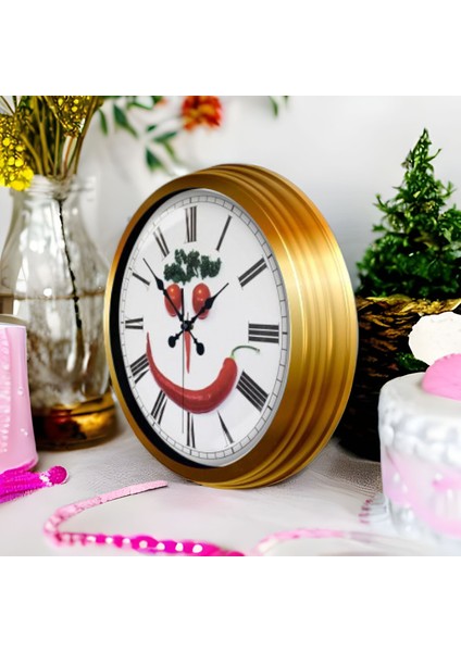 Gold Metal Çerçeveli Ofis Salon Mutfak Aşçı Duvar Saati 40 cm K2
