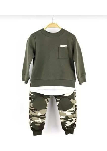 Kamuflaj Asker Sweatshirt Eşofman Takımı Alt Üst Takım-Haki Yeşil(1beden Büyük Alınız)