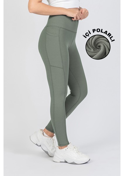 Kadın Çağla Yeşili Fitilli Kışlık Içi Polarlı Cepli Yüksek Bel Bilek Hizası Tayt 25"