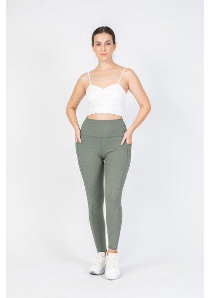 Kadın Çağla Yeşili Fitilli Kışlık Içi Polarlı Cepli Yüksek Bel Bilek Hizası Tayt 25" fiyatları