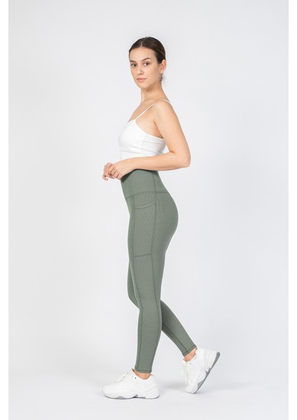 Kadın Çağla Yeşili Fitilli Kışlık Içi Polarlı Cepli Yüksek Bel Bilek Hizası Tayt 25" modelleri