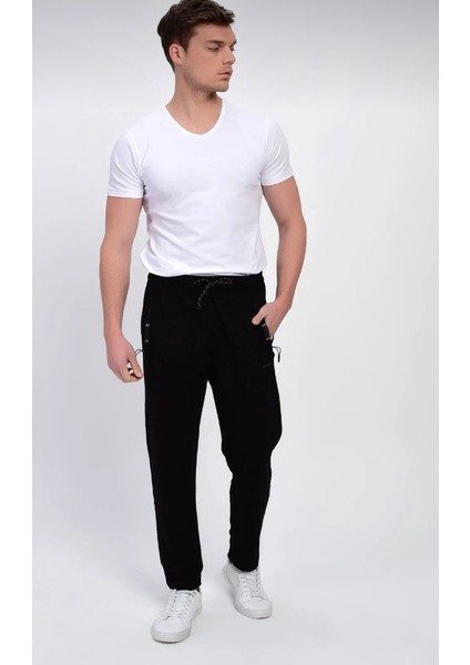 Erkek Siyah Eşofman Altı Boru Paca Beli Lastikli Fermuarlı Cepli Klr Gym As 101