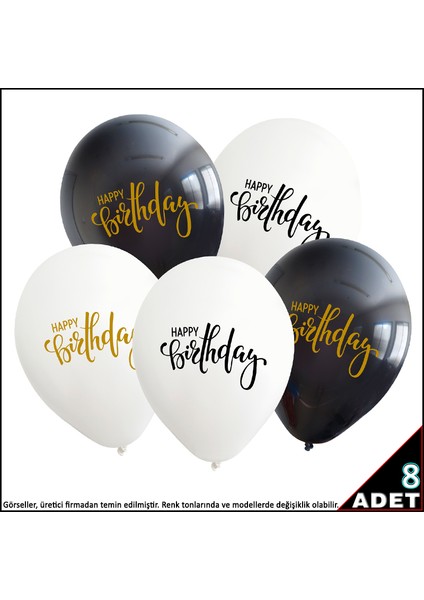 Happy Birthday Baskılı Beyaz ve Siyah, 30CM Balon - 8 Adet