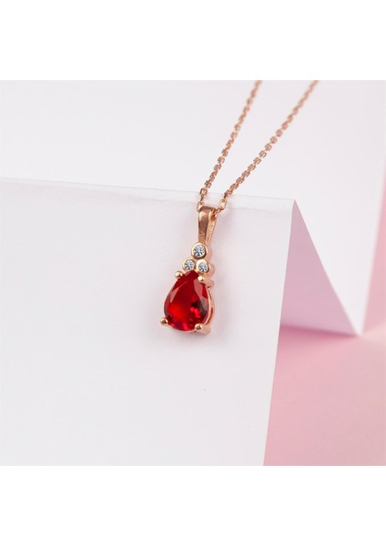 Kırmızı Zirkon Taşlı Rose Renk 925 Ayar Gümüş Bayan Kolye