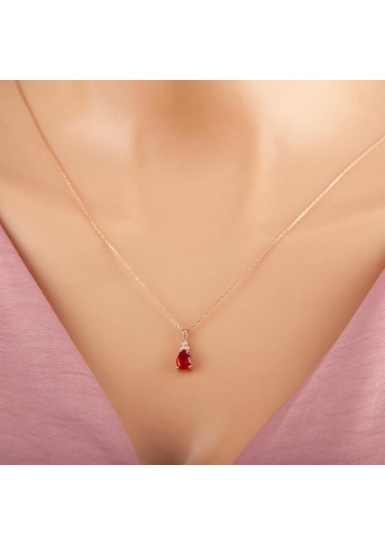 Kırmızı Zirkon Taşlı Rose Renk 925 Ayar Gümüş Bayan Kolye fiyatları