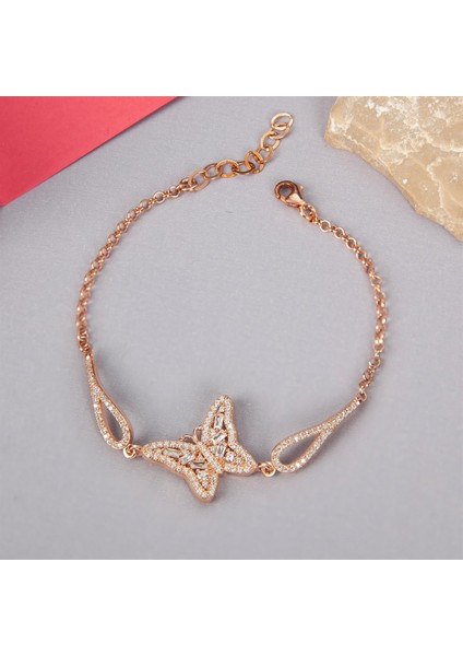 925 Ayar Gümüş Baget Zirkon Taşlı Rose Kelebek Bayan Bileklik