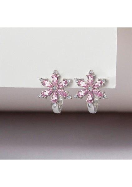 Pembe Zirkon Taşlı Rodyumlu 925 Ayar Gümüş Çiçek Küpe