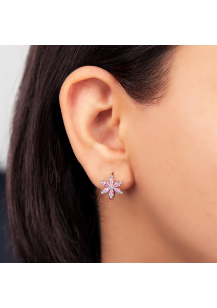 Pembe Zirkon Taşlı Rodyumlu 925 Ayar Gümüş Çiçek Küpe