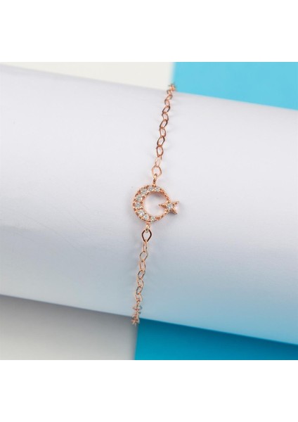 Rose Renk Zirkon Taşlı 925 Ayar Gümüş Minimal Ayyıldız Bayan Bileklik