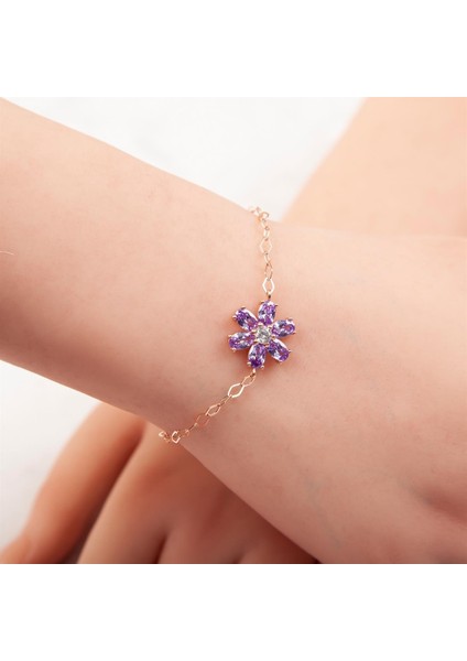 Mor Zirkon Taşlı Rose Renk 925 Ayar Gümüş Çiçek Bayan Bileklik