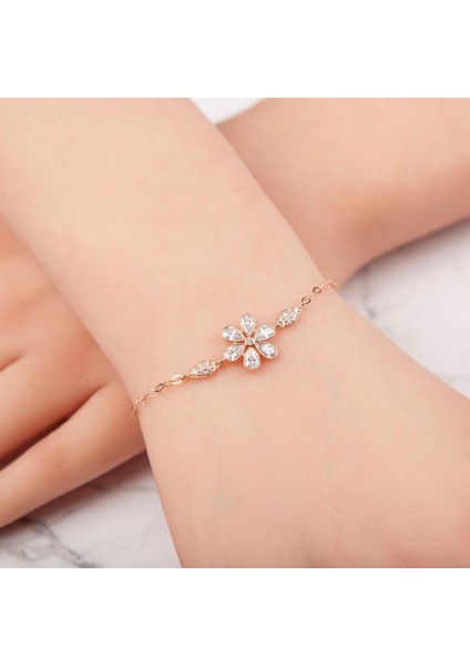 Zirkon Taşlı Rose Renk 925 Ayar Gümüş Çiçek Bayan Bileklik