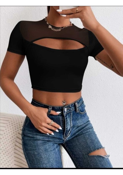 Bluz Tül Detay Crop