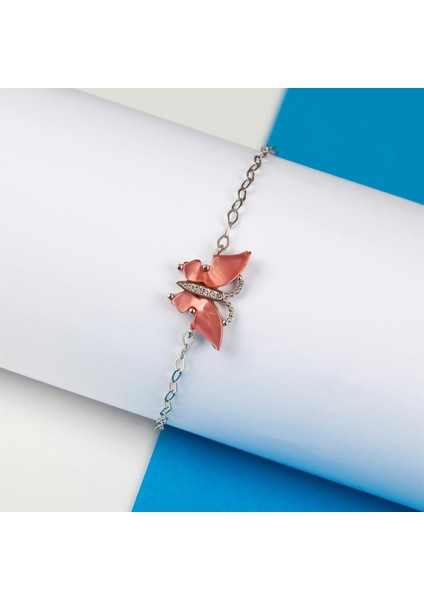 Pembe Opal Rodyumlu 925 Ayar Gümüş Kelebek Bayan Bileklik