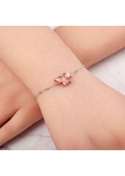 Pembe Opal Rodyumlu 925 Ayar Gümüş Kelebek Bayan Bileklik