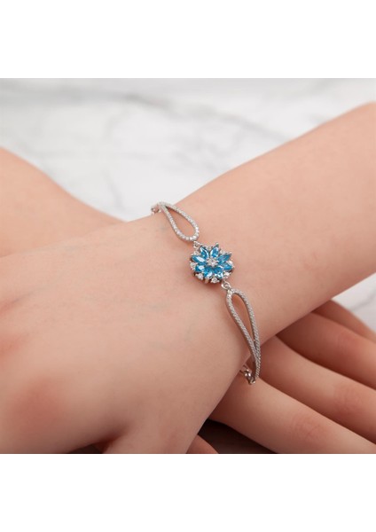 925 Ayar Gümüş Aqua Taşlı Lotus Bayan Bileklik