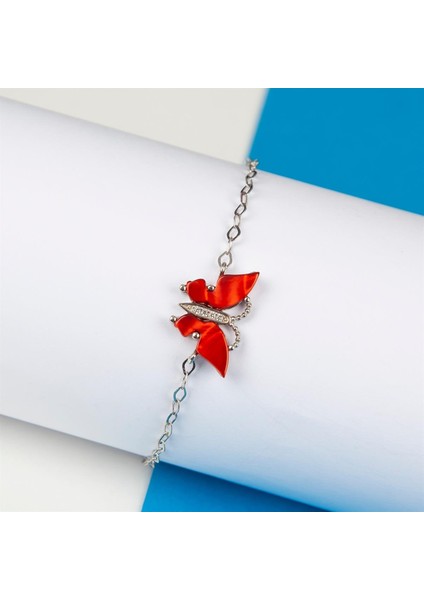 Kırmızı Opal Rodyumlu 925 Ayar Gümüş Kelebek Bayan Bileklik